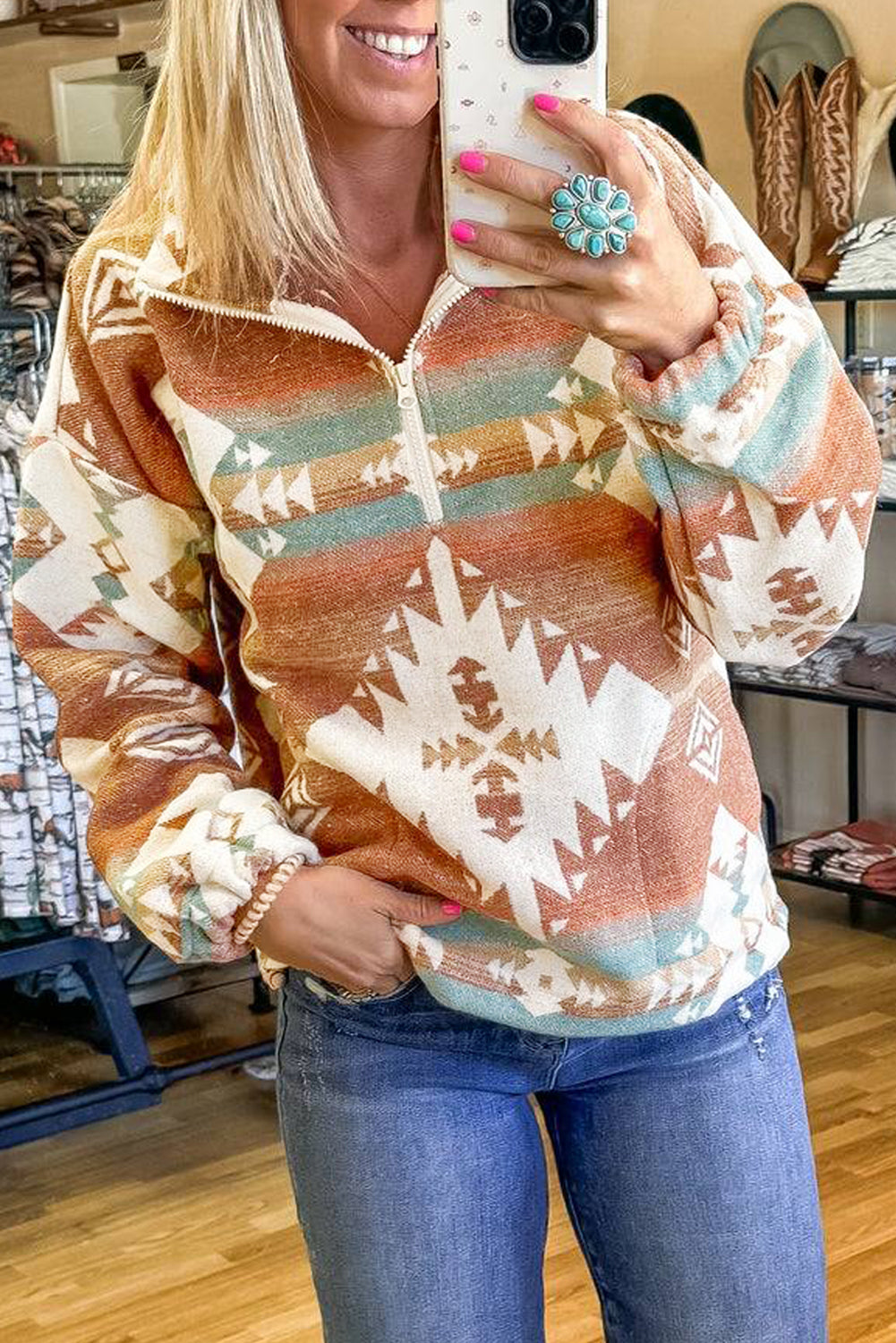 Quarter Zip Elastic Cuffs Aztec Sweatshirt