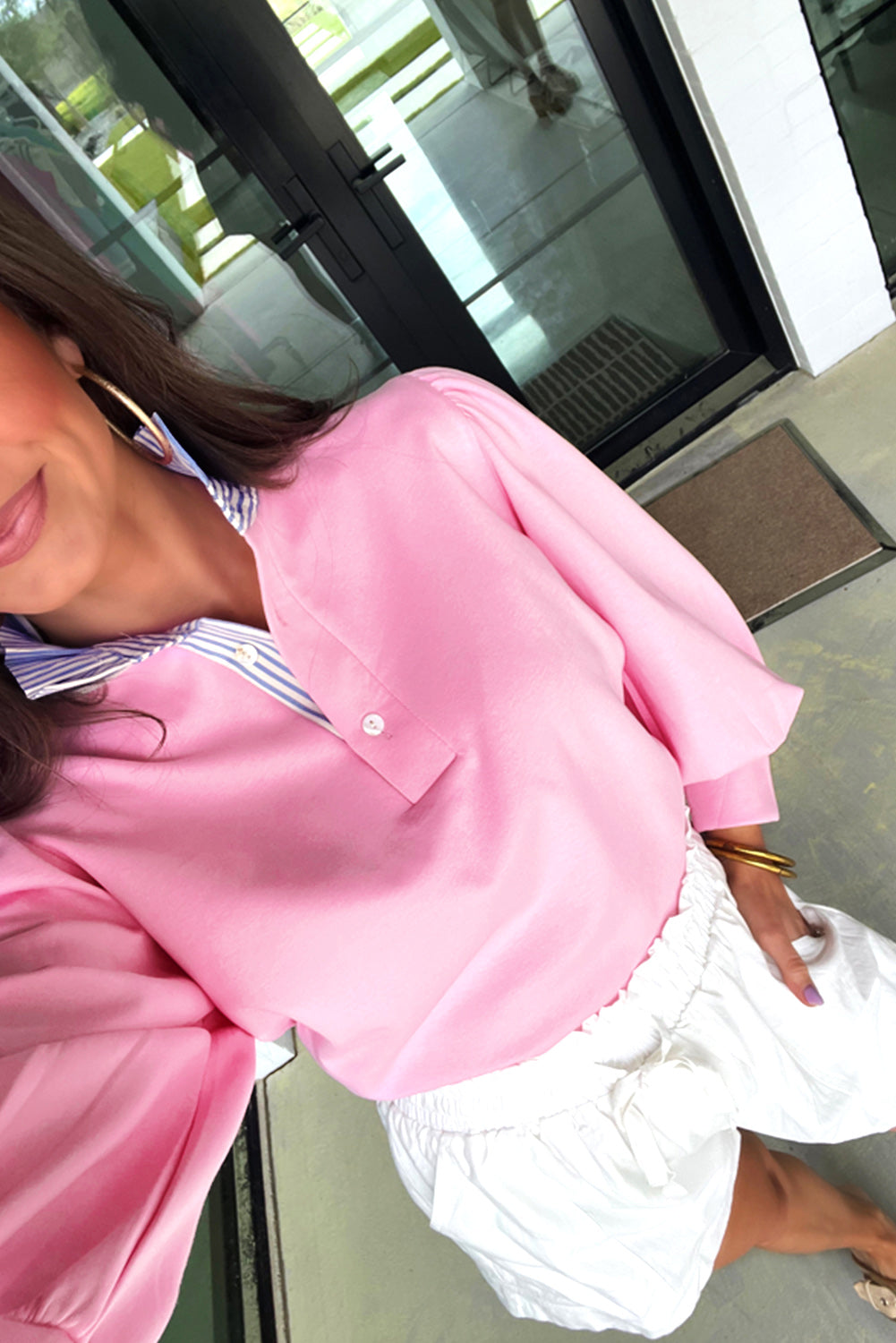 Button Striped Collar Patchwork Puff Sleeve Sweatshirt