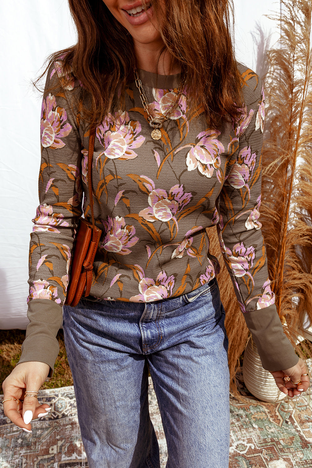 Floral Print Waffle Textured Long Sleeve Top
