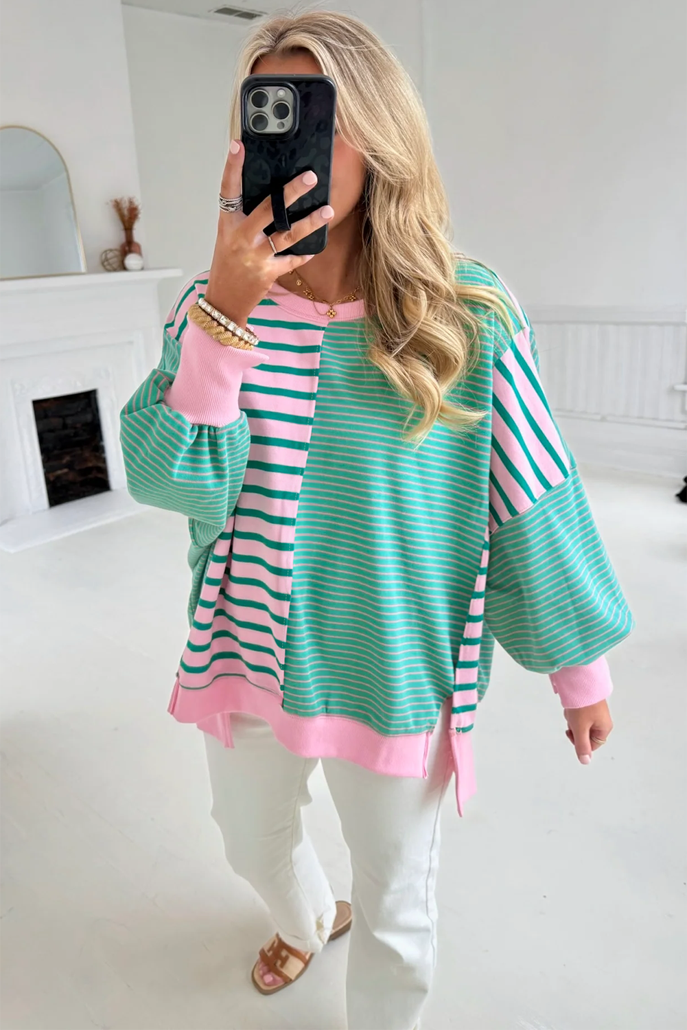Mix Pattern Color Block Patchwork Side Slit Baggy Sweatshirt