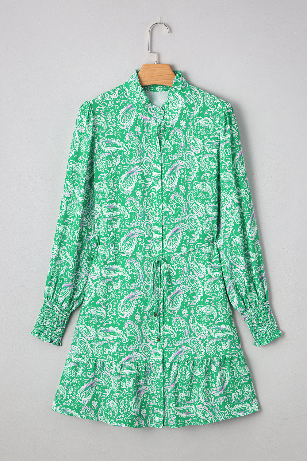 Paisley Print Long Sleeve Button Front Tied Waist Mini Dress