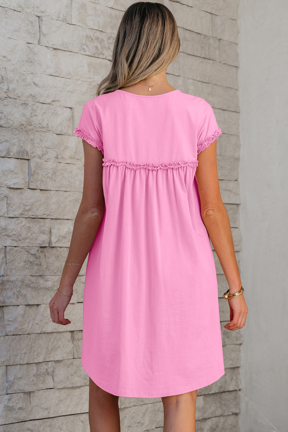 Frilled Trim Crew Neck Loose Fit Mini Dress