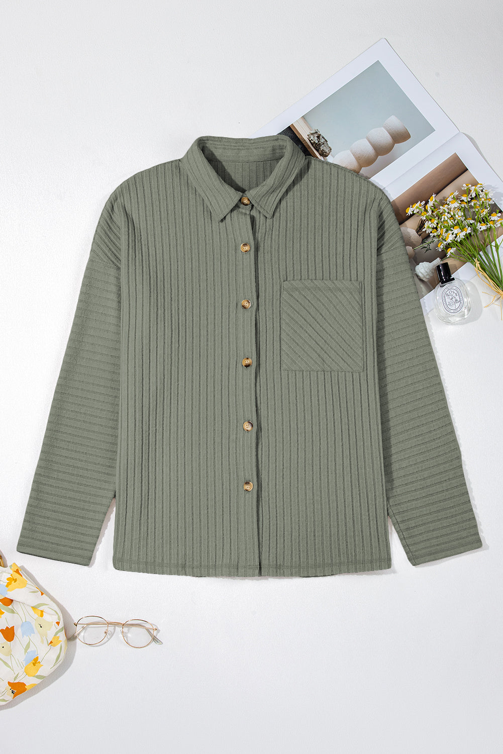 Thermal Ribbed Texture Drop Shoulder Button Up Shacket
