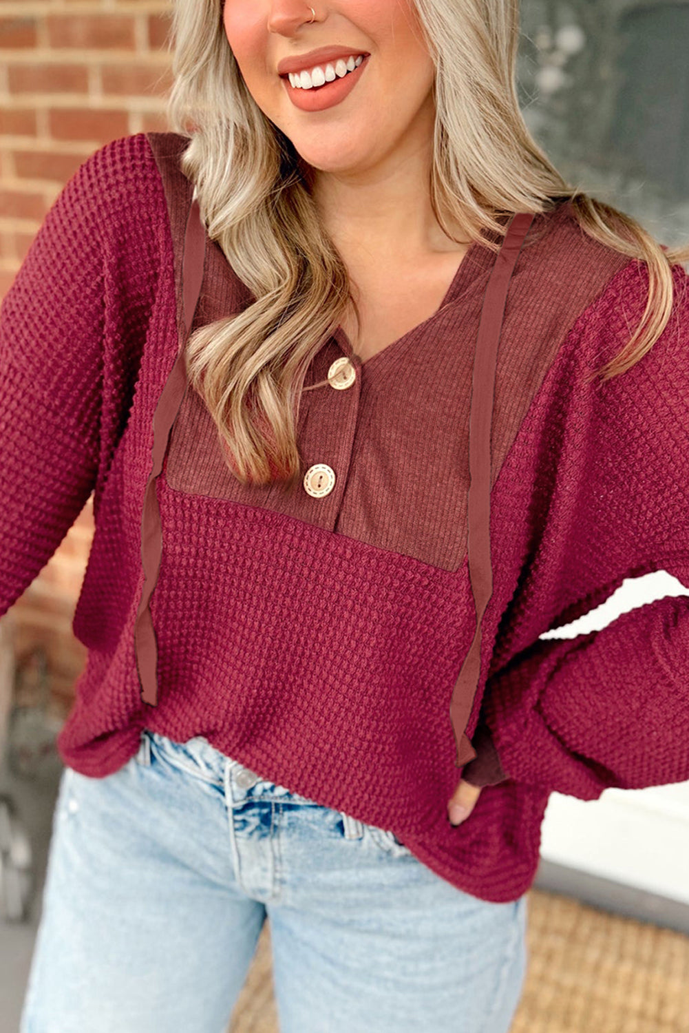 Waffle Patchwork Drop Shoulder Hooded Long Sleeve Top