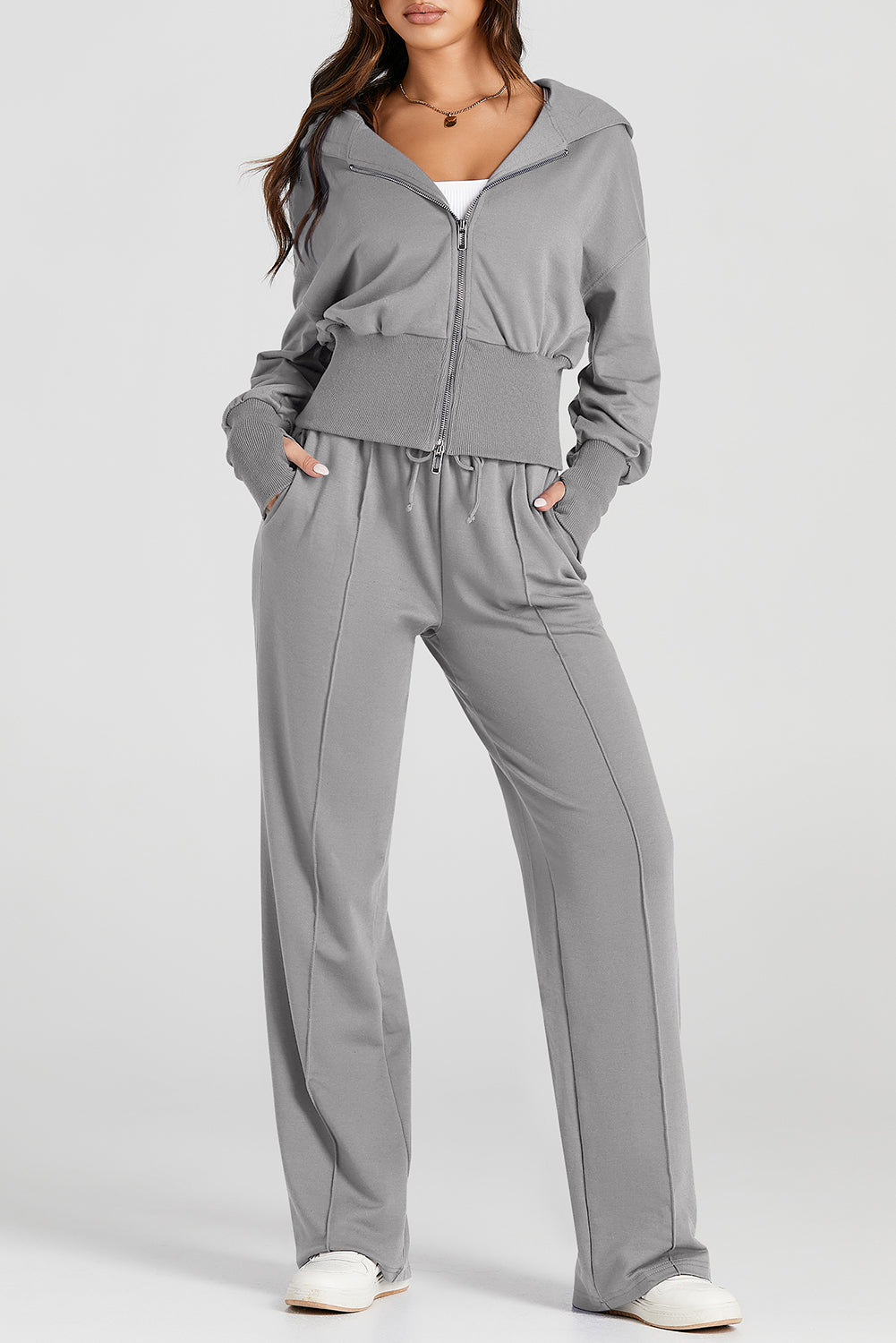 Double Zipper Hooded Jacket and Sweatpants Active Set