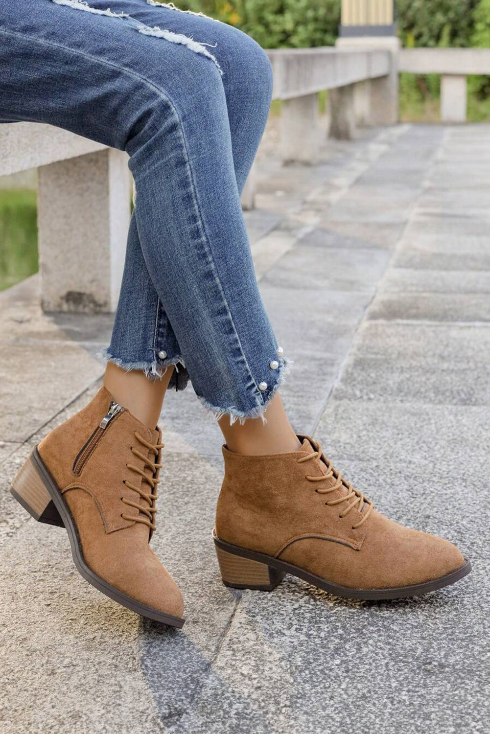 Faux Suede Zip Side Lacing Detail Ankle Boots