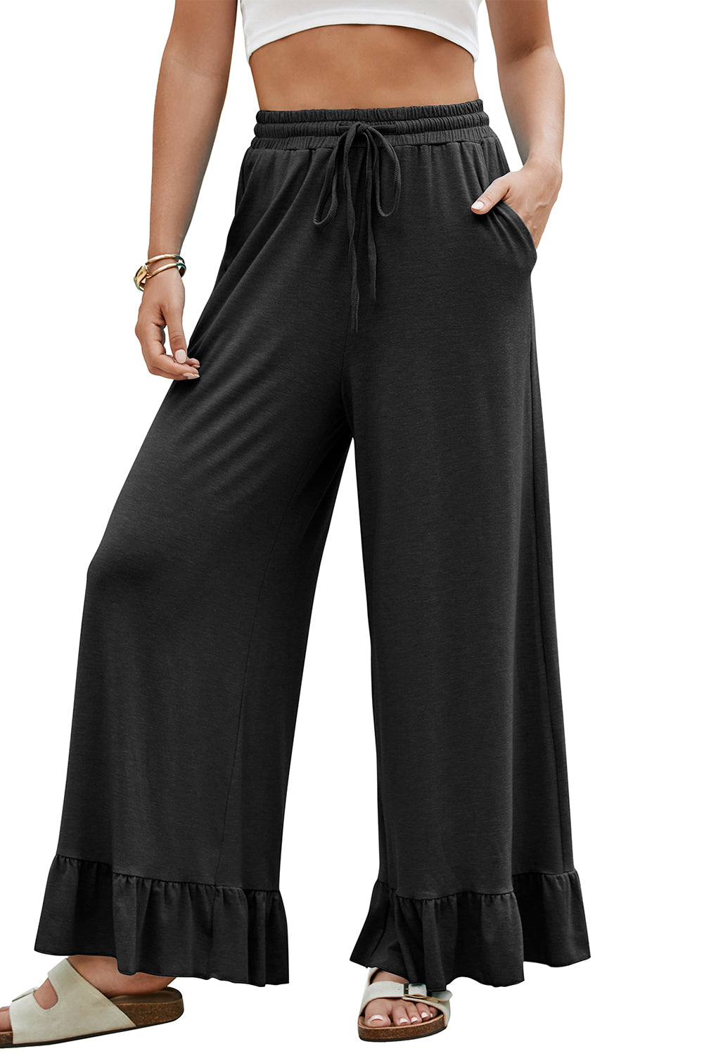 Ruffled Wide Leg Pull On High Waist Pants with Pockets