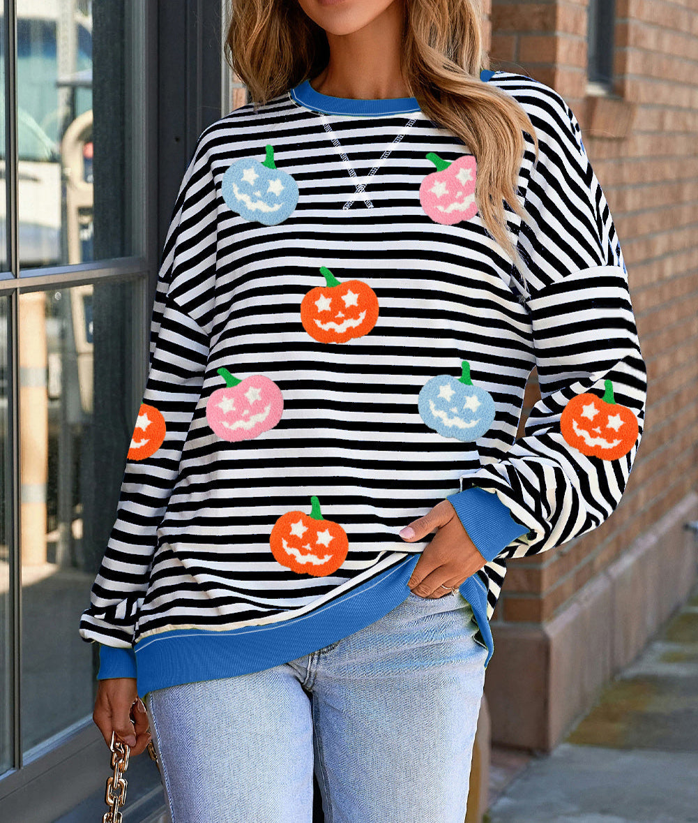Pumpkin Face Patched Pattern Crew Neck Sweatshirt