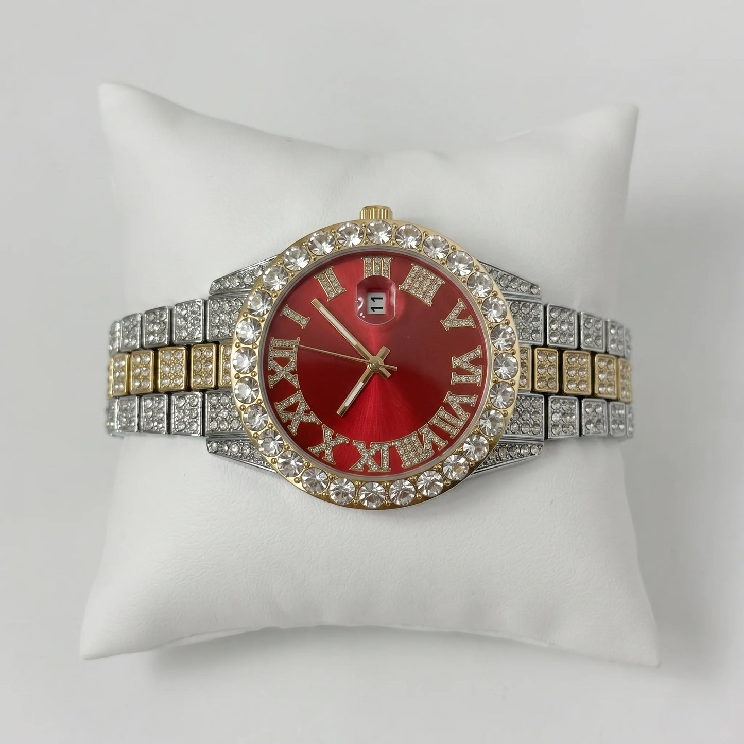 Rhinestone Red Gold Silver Band Watch