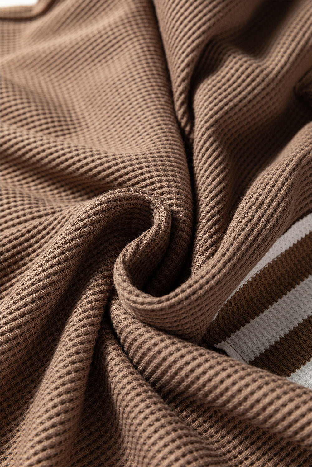 Waffle Texture Striped Patchwork Button Neck Drawstring Hoodie