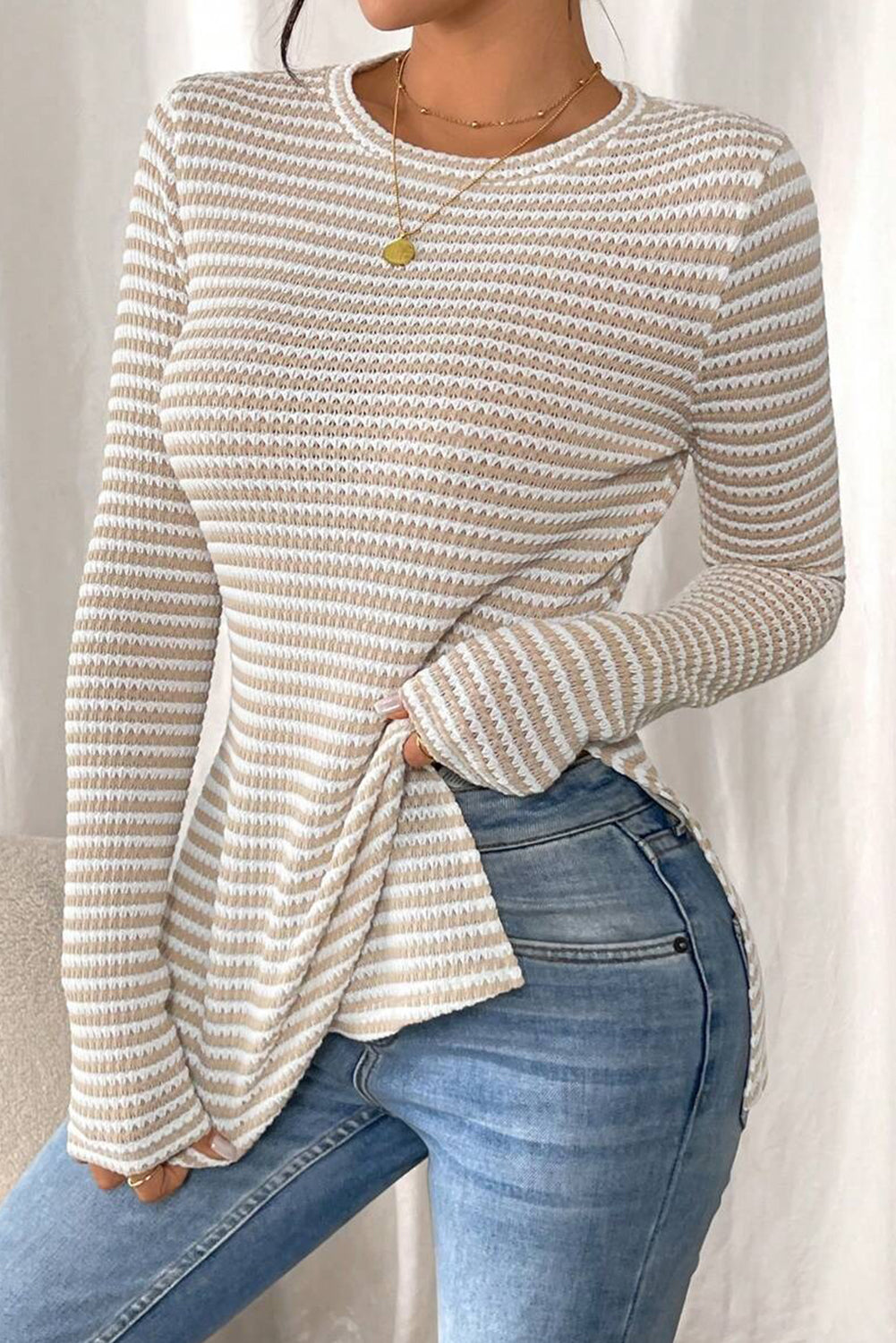 Striped Knit Side Slit Slim Round Neck Tunic Top