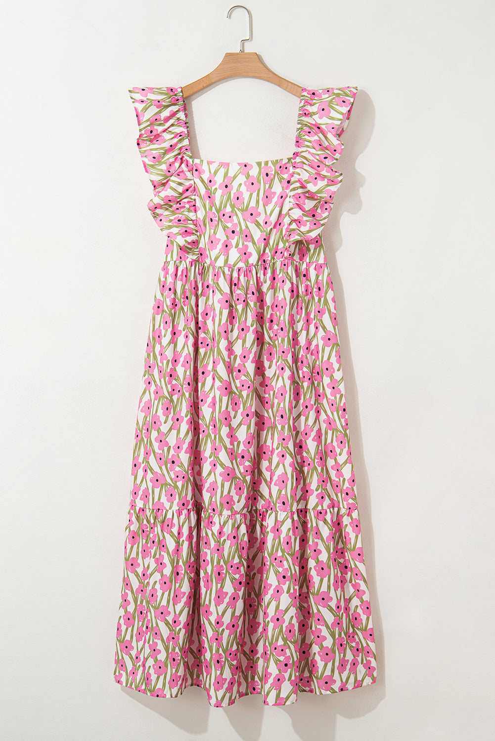 Plus Size Ruffle Trim Square Neck High Waist Floral Maxi Dress