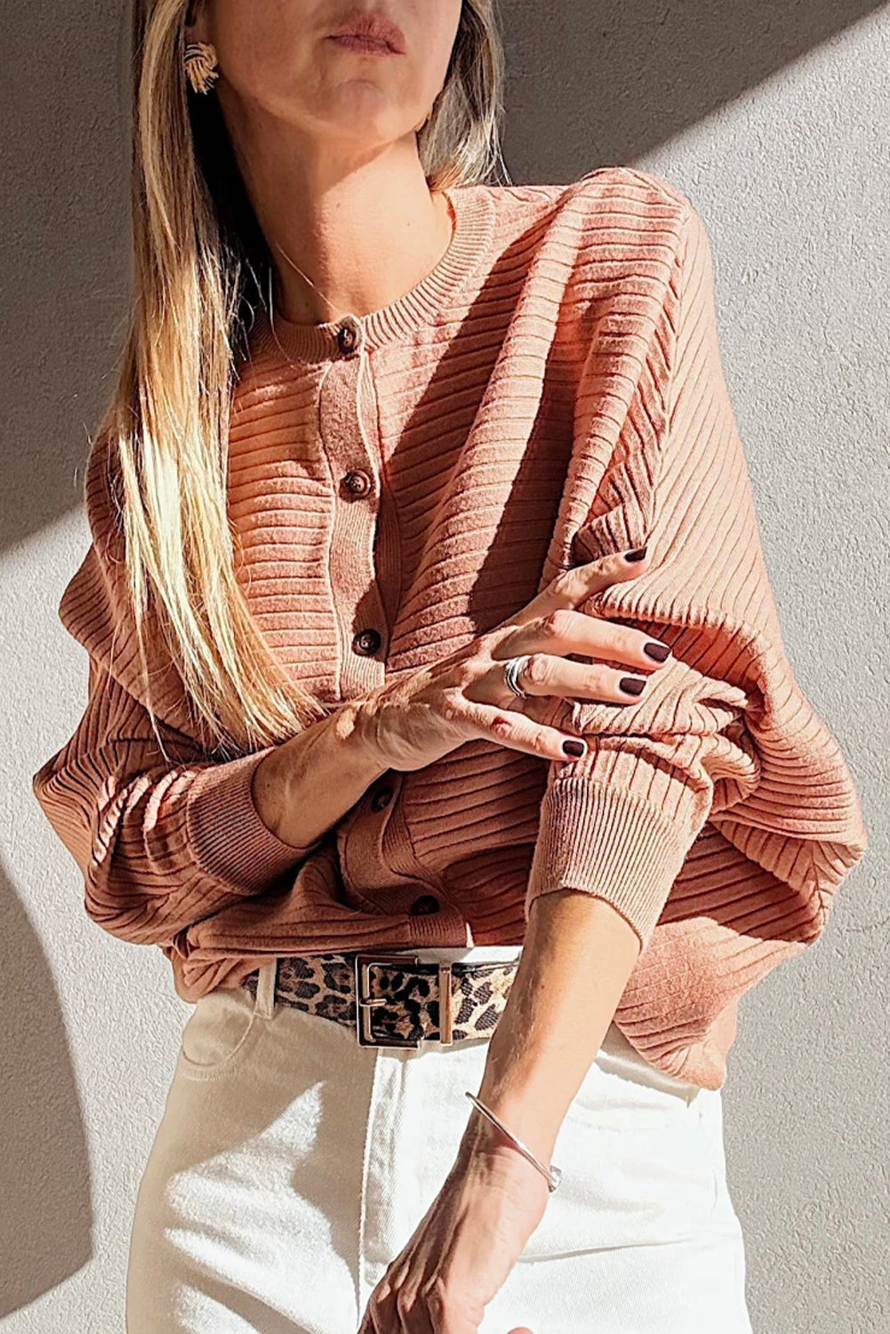 Wide Rib Knit Button Front Dolman Sleeve Sweater Cardigan