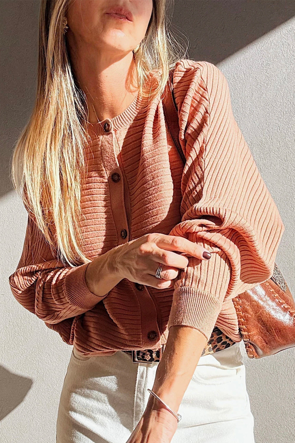 Wide Rib Knit Button Front Dolman Sleeve Sweater Cardigan