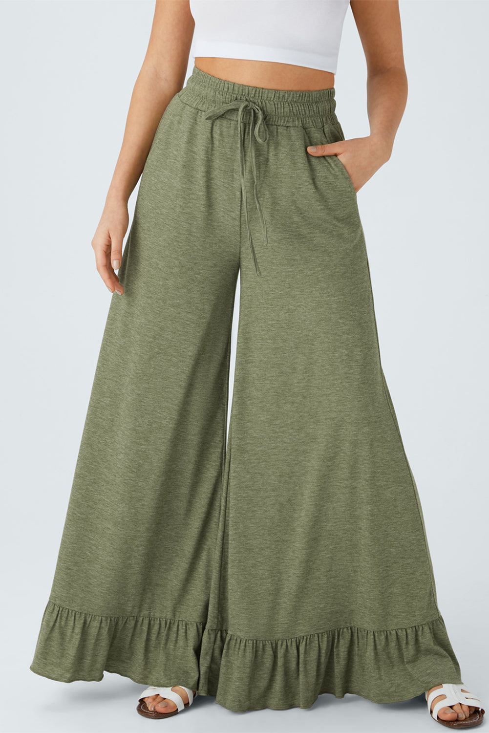 Ruffled Wide Leg Pull On High Waist Pants with Pockets
