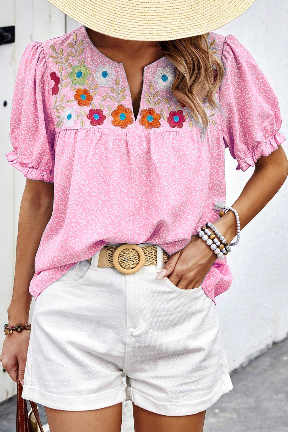 Floral Embroidered Puff Sleeve Notched V Neck Blouse