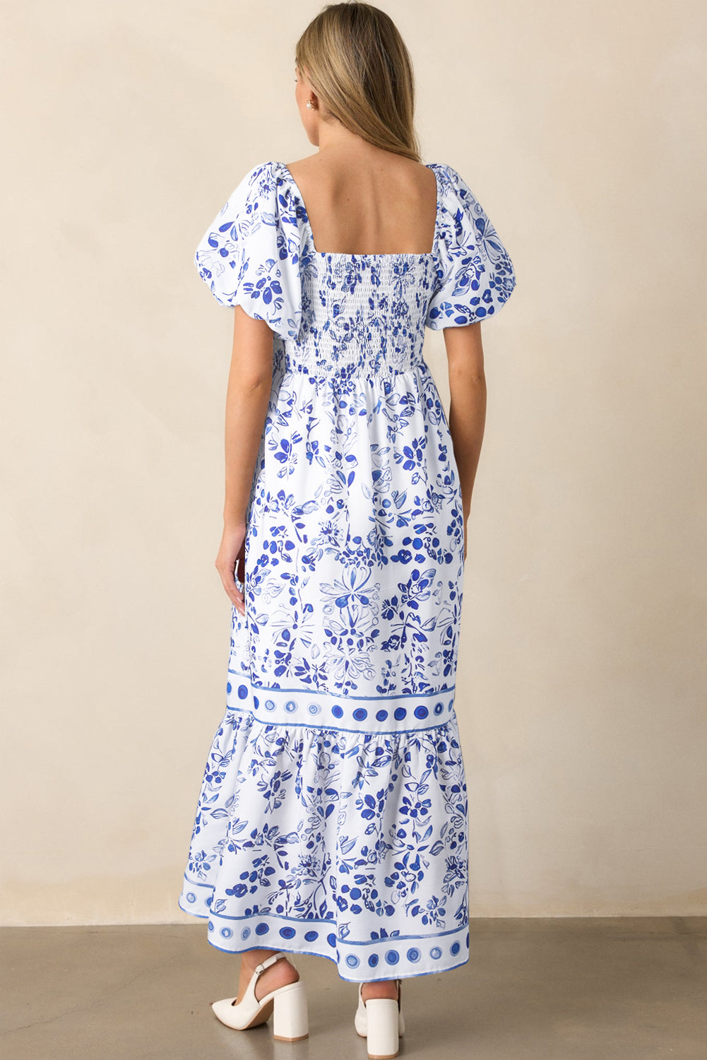 Floral Print Square Neck Bubble Sleeve High Waist Maxi Dress