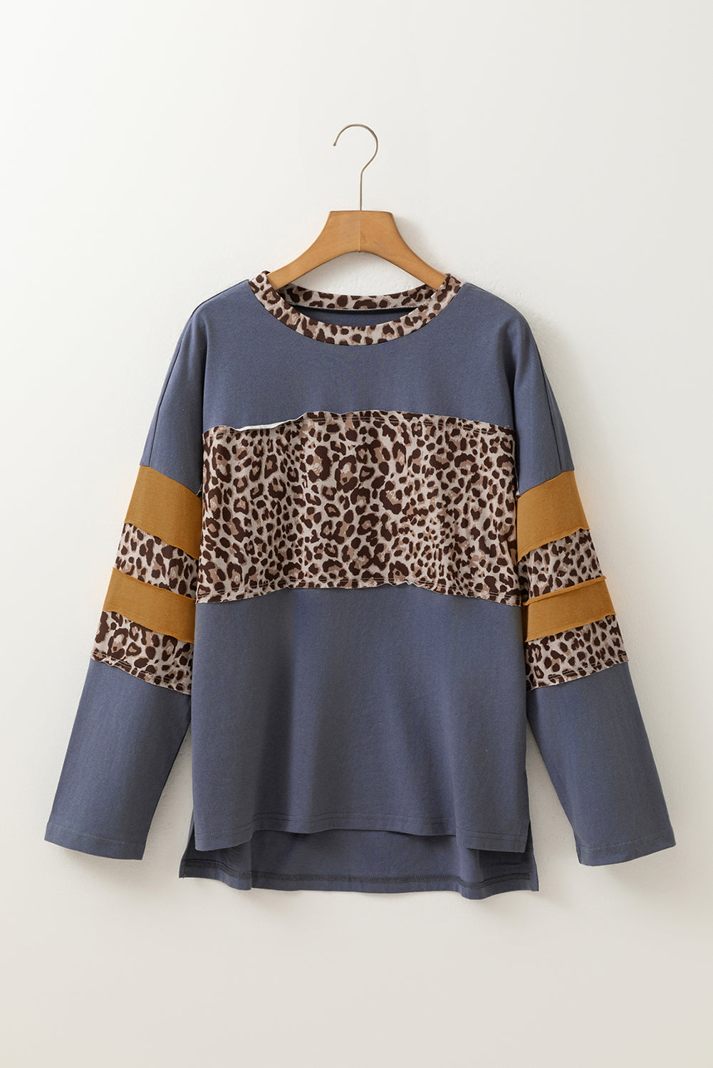 Leopard Colorblock Patchwork Long Sleeve Drop Shoulder Top