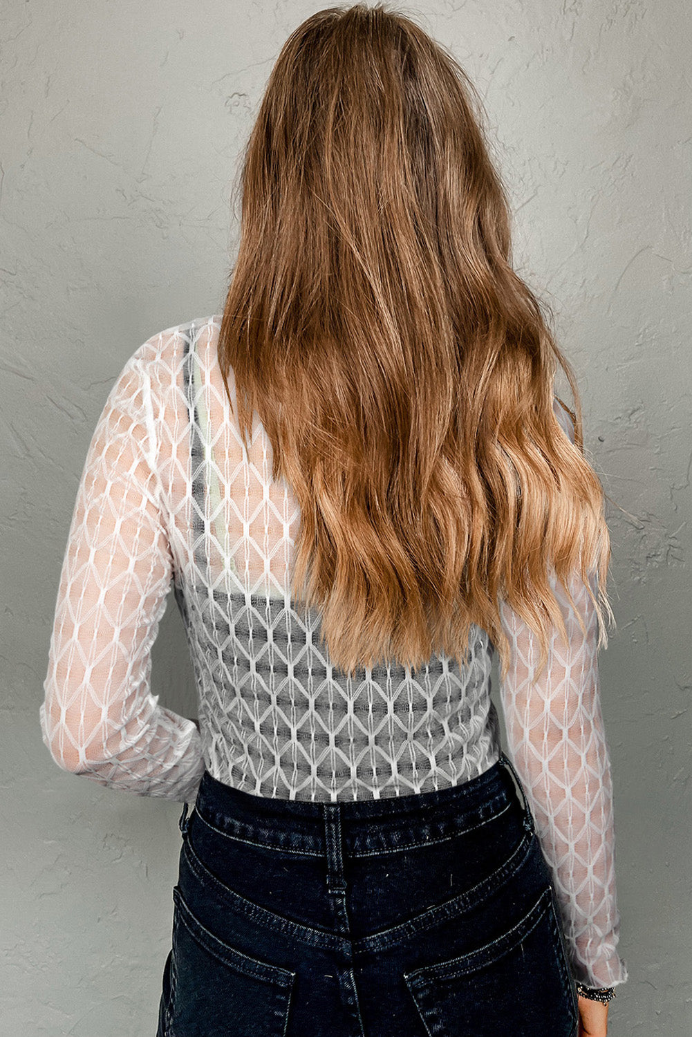 Sheer Mesh Patterned Lettuce Trim Slim Long Sleeve Top