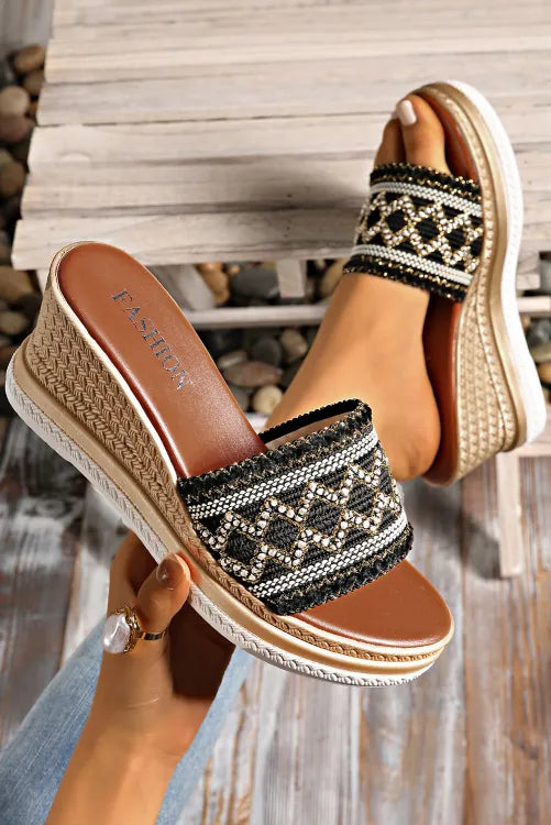 Woven Band PU Leather Wedge Slippers