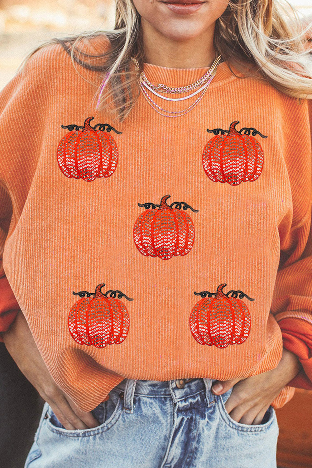 Sequin Pumpkin Patched Twisted Rib Baggy Sweatshirt