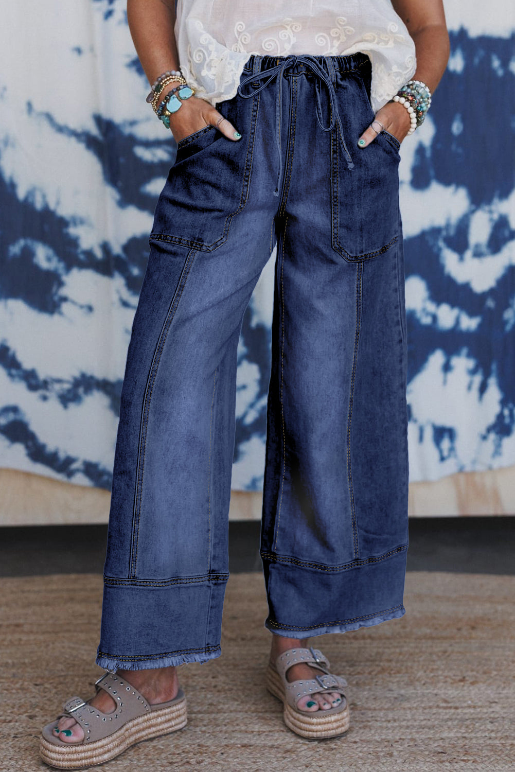 Drawstring Seam Detail Raw Hem Wide Leg Denim Pants