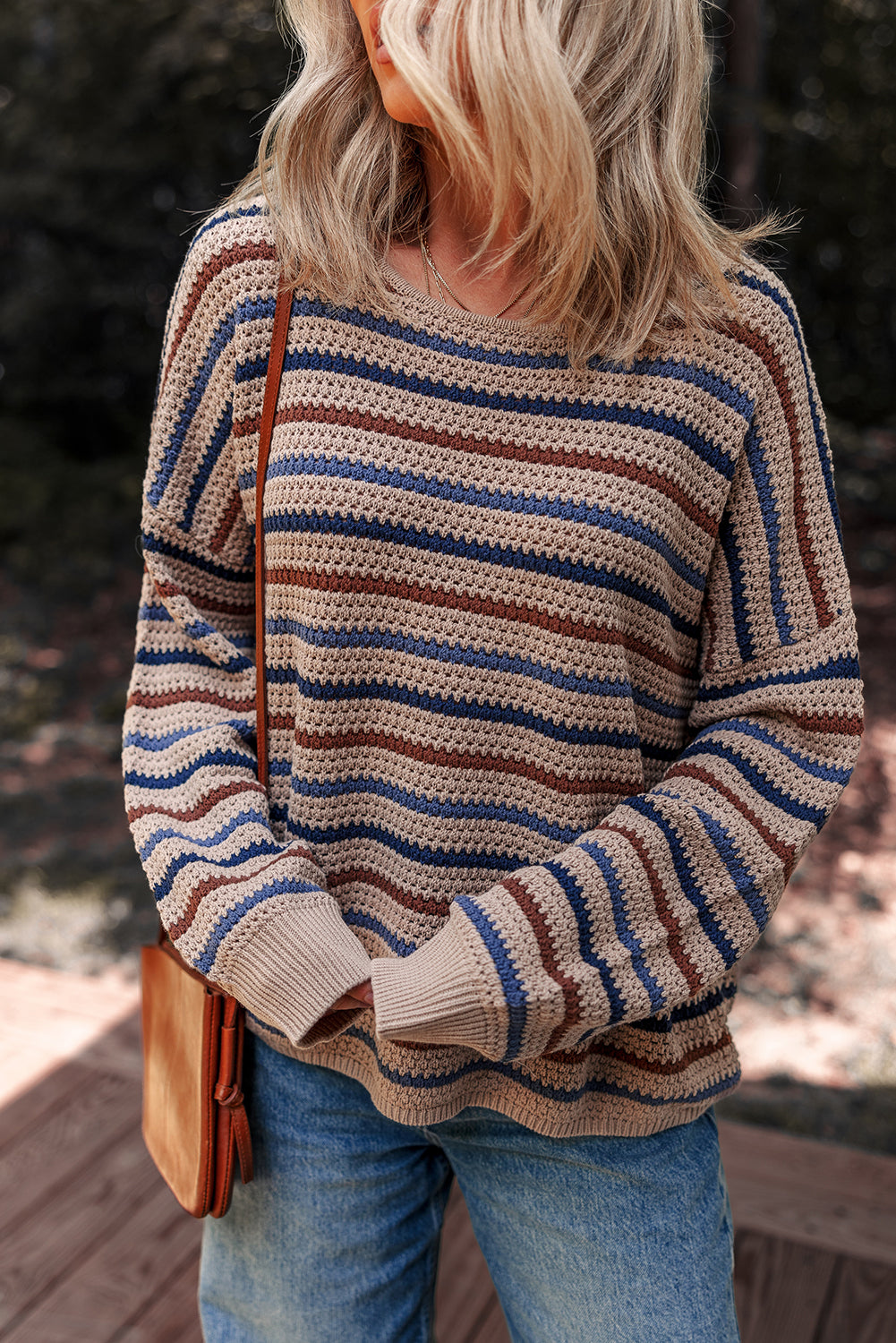 Striped Knitted Drop Shoulder Round Neck Sweater