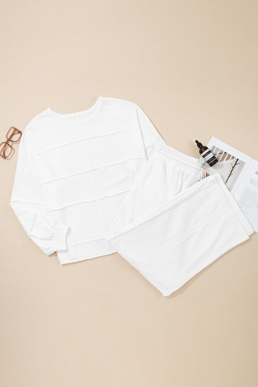 Textured Raw Seam Plus Size Pullover Top and Drawstring Pants Set