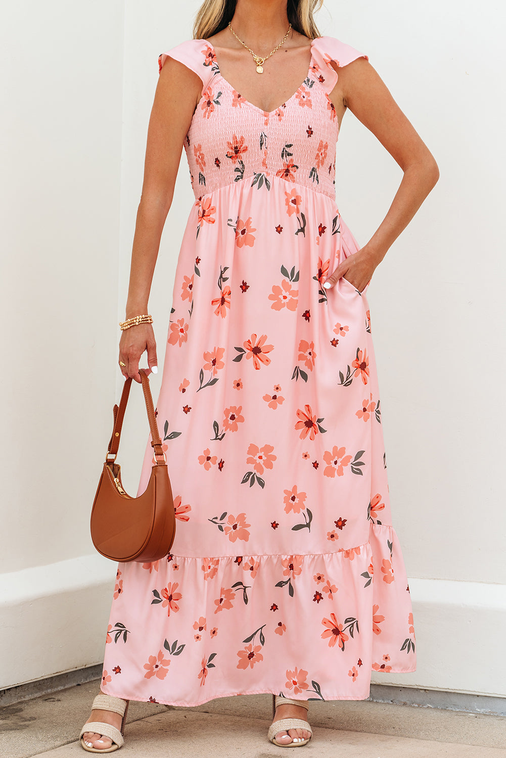 V Neck Flutter Sleeve Smocked Bodice High Waist Ruffle Maxi Dress
