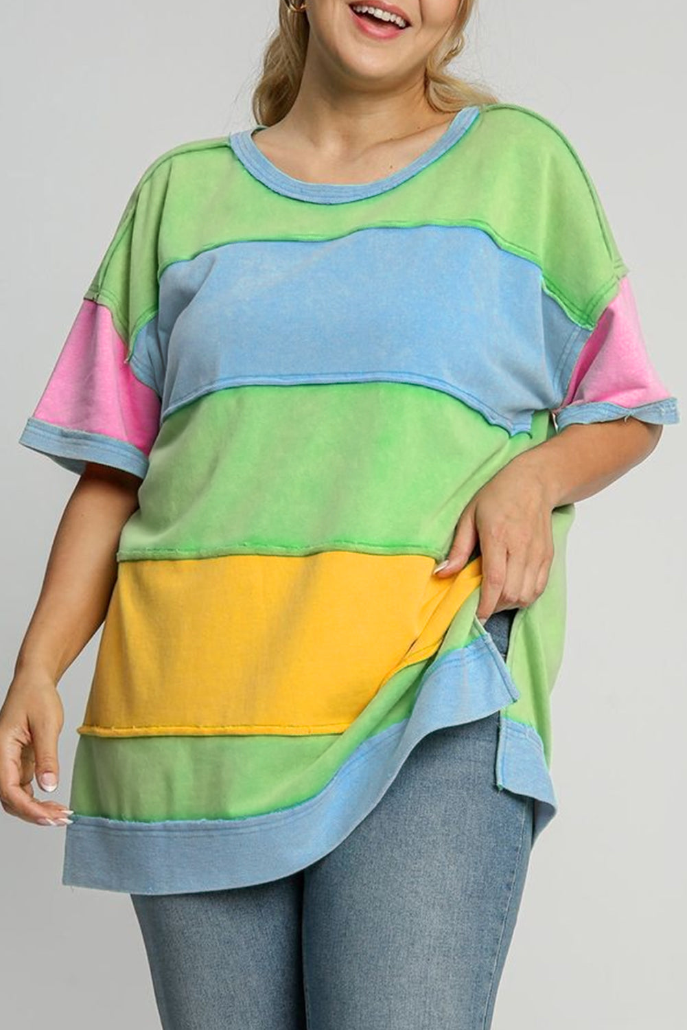 Plus Size Color Block Exposed Seam Patchwork T Shirt