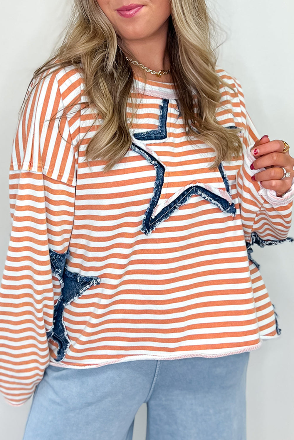 Starry Patch Drop Shoulder Raw Edge Casual Knit Top