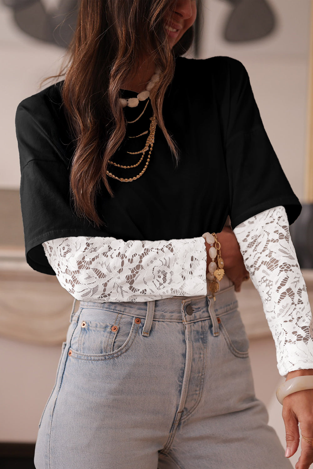 Lace Long Sleeve Insert Drop Shoulder Tee