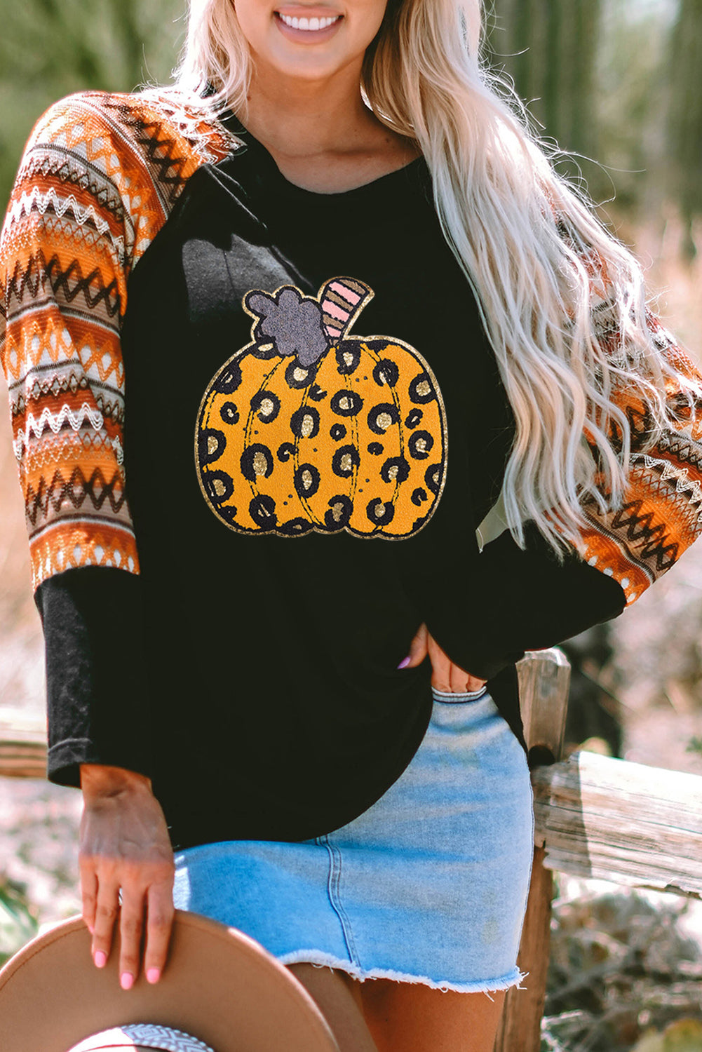 Leopard Pumpkin Patched Contrast Long Sleeve Top