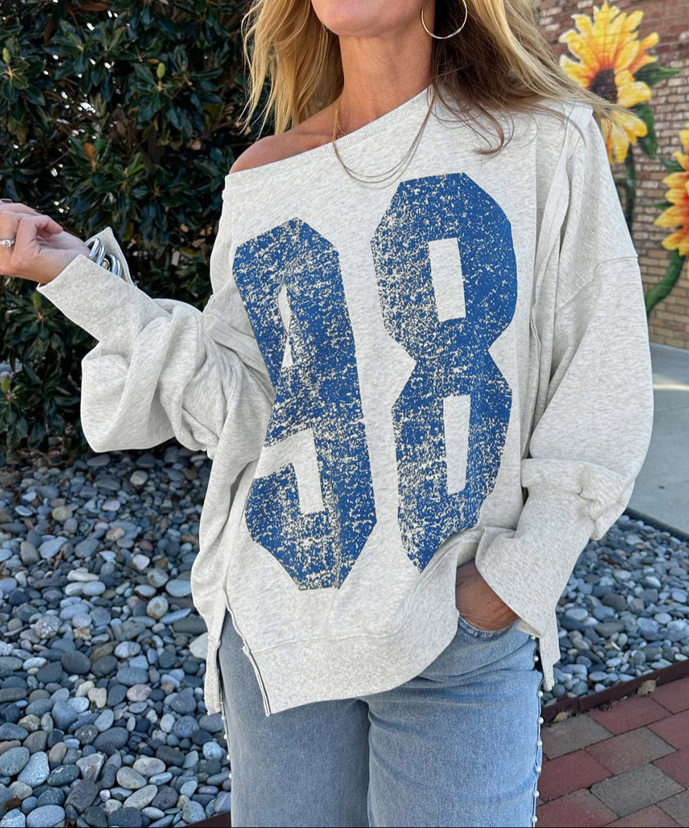 Faded Varsity Print Loose Pullover Top