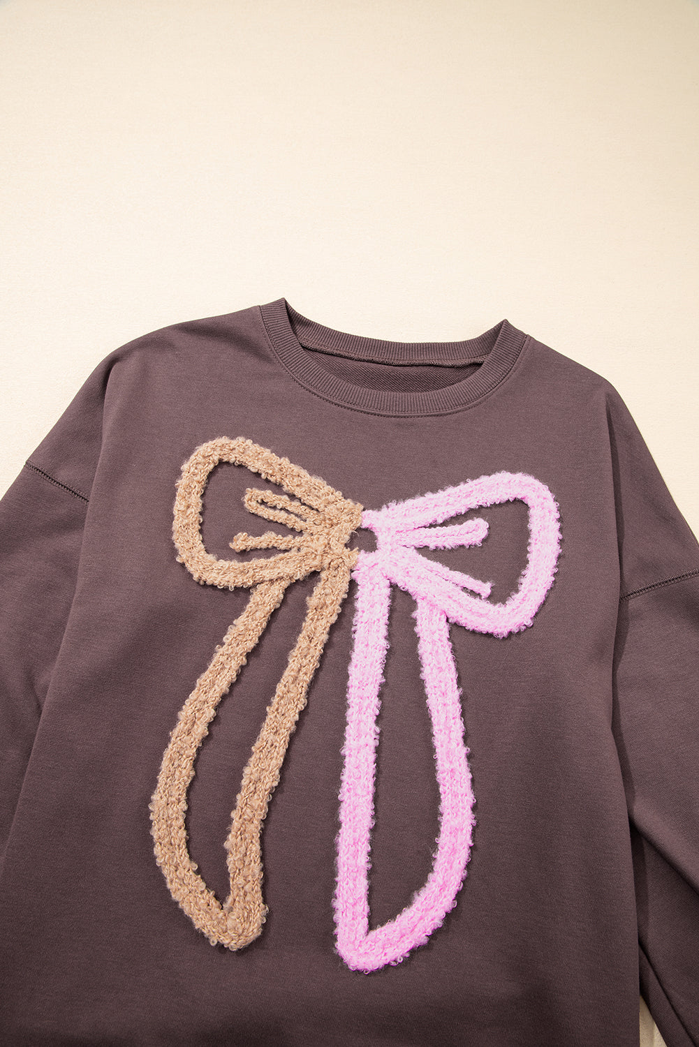 Contrast Terry Bow Pattern Drop Shoulder Sweatshirt