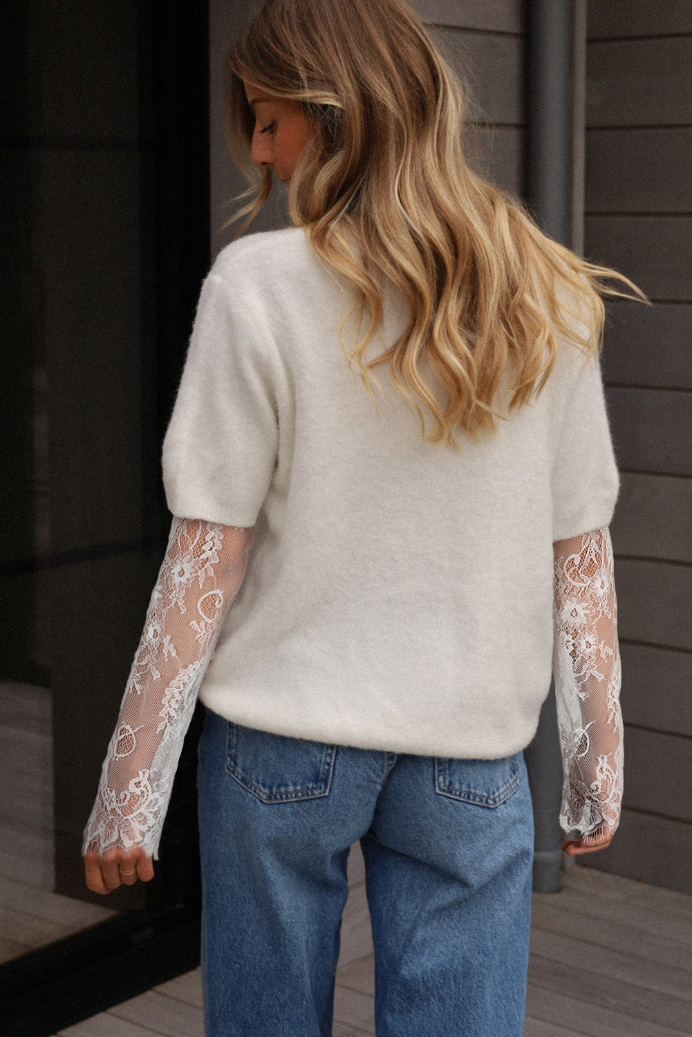 Lace Sleeve Patchwork Faux Two-piece Fuzzy Sweater