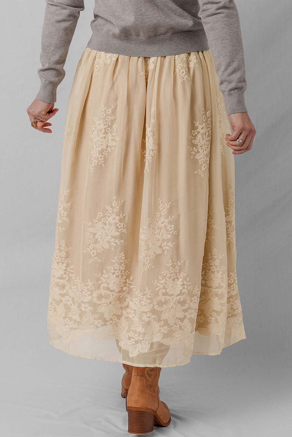 Embroidered Mesh Overlay Flowy Long Skirt