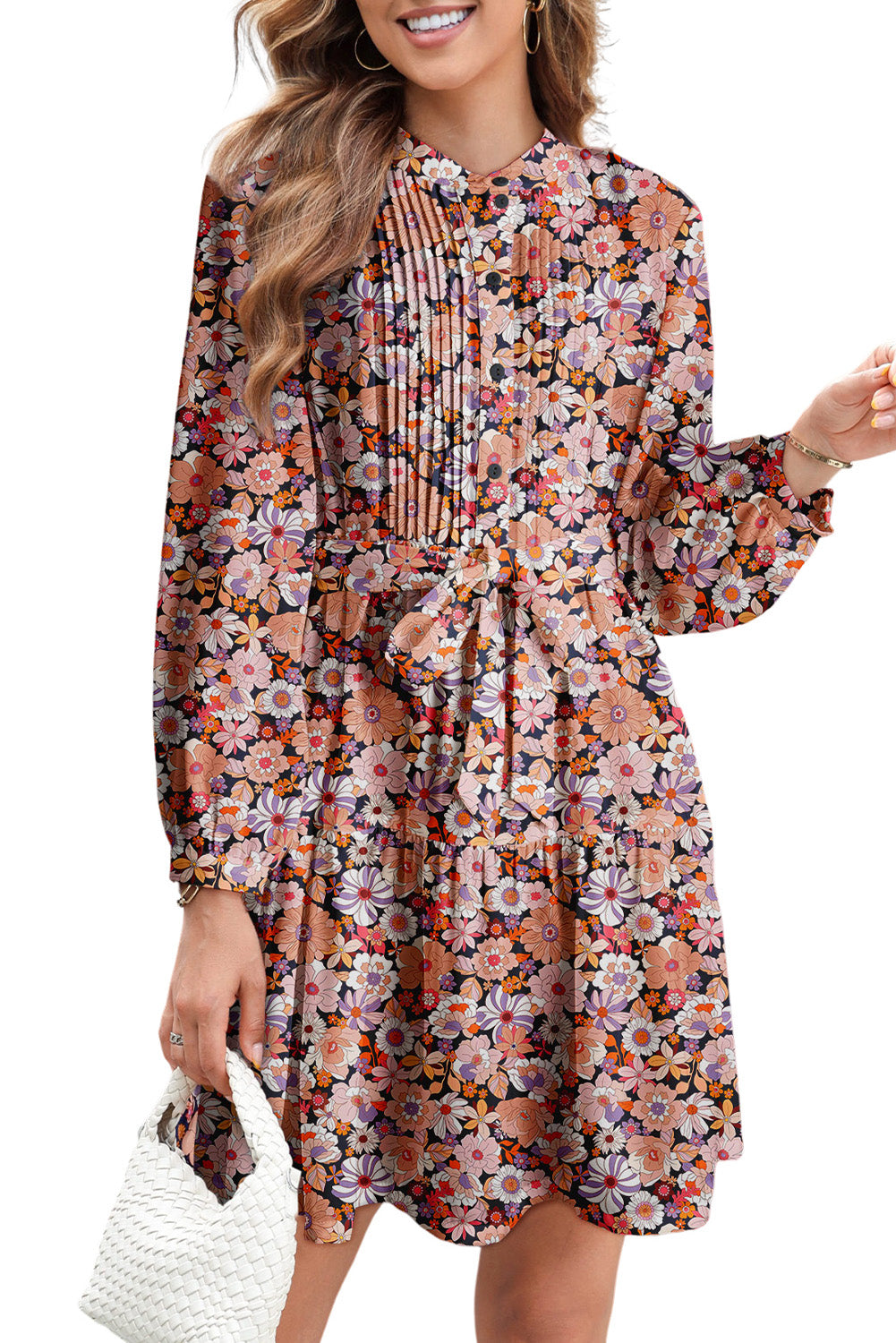 Floral Print Long Sleeve Pleated Detail Bleted Mini Dress