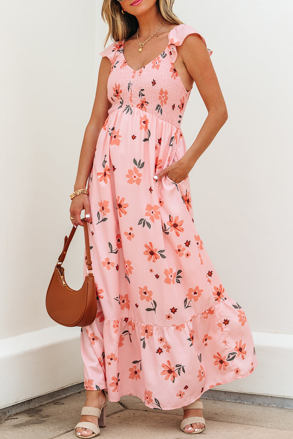 V Neck Flutter Sleeve Smocked Bodice High Waist Ruffle Maxi Dress