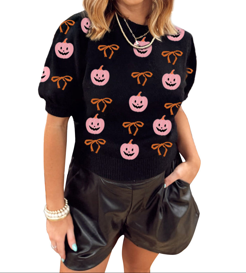 Short Puff Sleeve Bow Knot Plush Skeleton Halloween Sweater