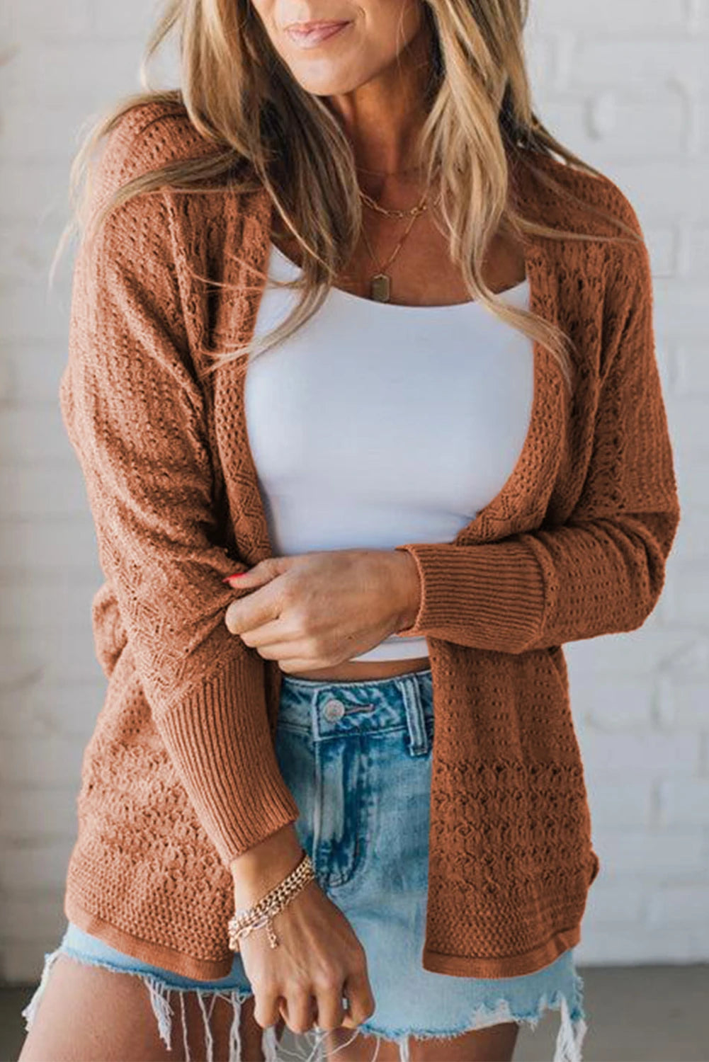 Hollowed Knit Open Front Cardigan