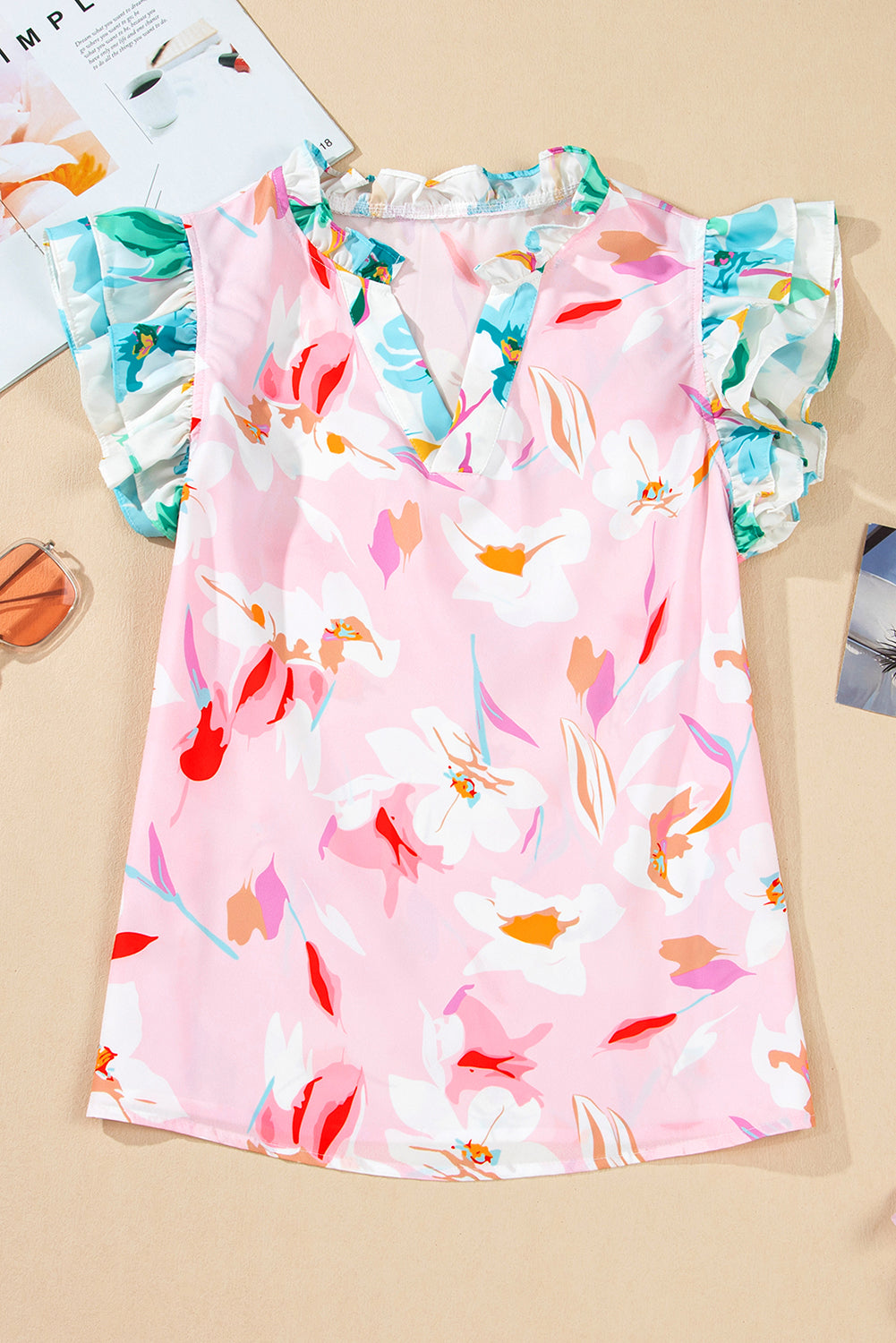 Contrast Floral Patchwork Notched Neck Flutter Sleeve Blouse