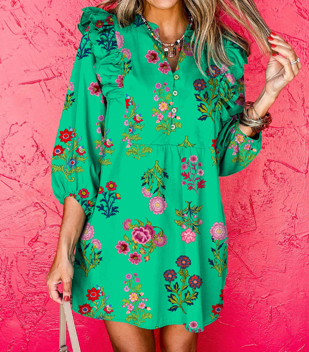 Floral Ruffled Three Quarter Sleeve Buttoned Mini Dress