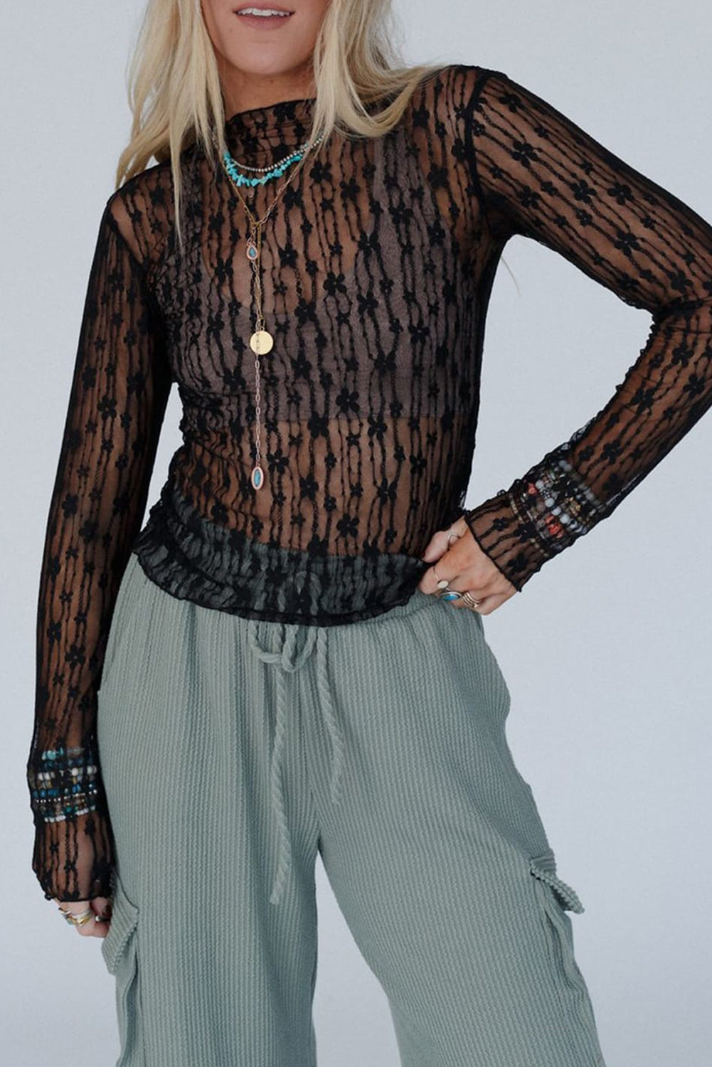 Sheer Floral Lace Long Sleeve Slim Fit Top