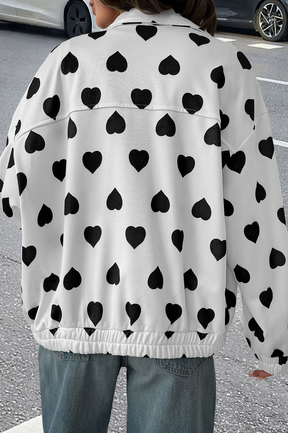 Double Flap Pocket Heart Print Collar Zip Jacket