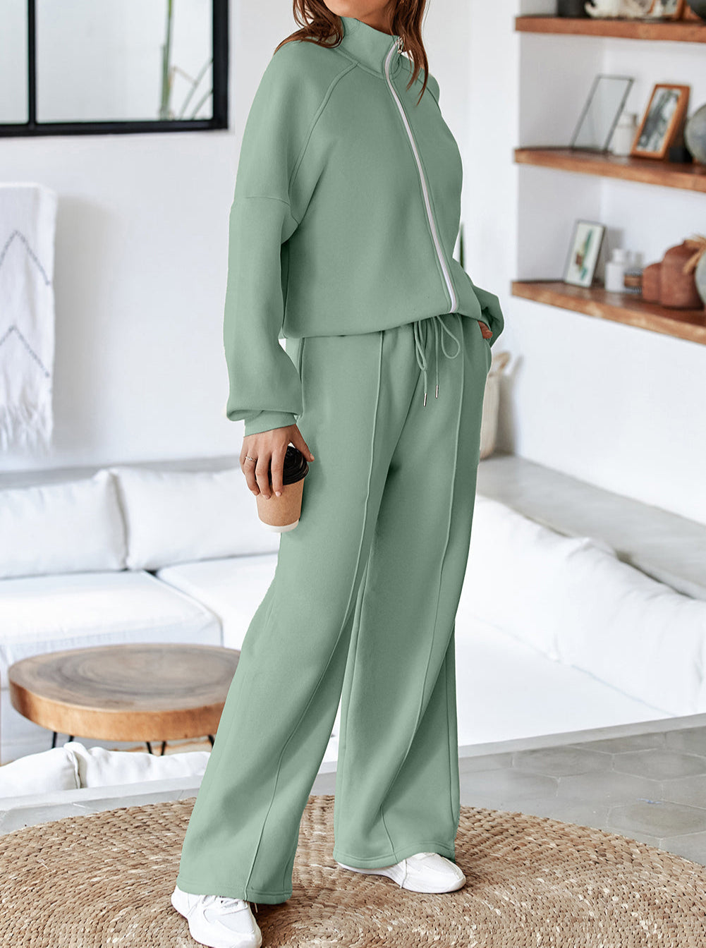 Drop Shoulder Zip Up Jacket Drawstring Pants Active 2pcs Set