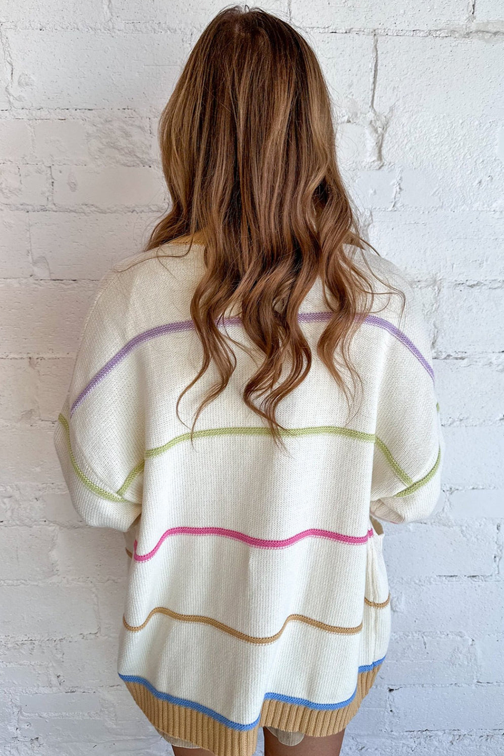 Block Striped Open Front Cardigan With Pocket