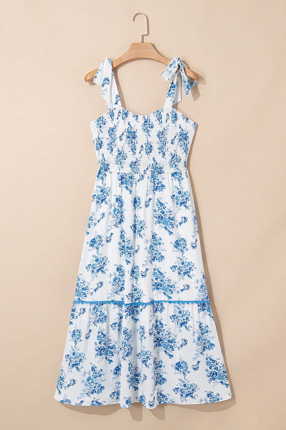 Floral Print Shirred Knot Shoulder Sleeveless Long Dress