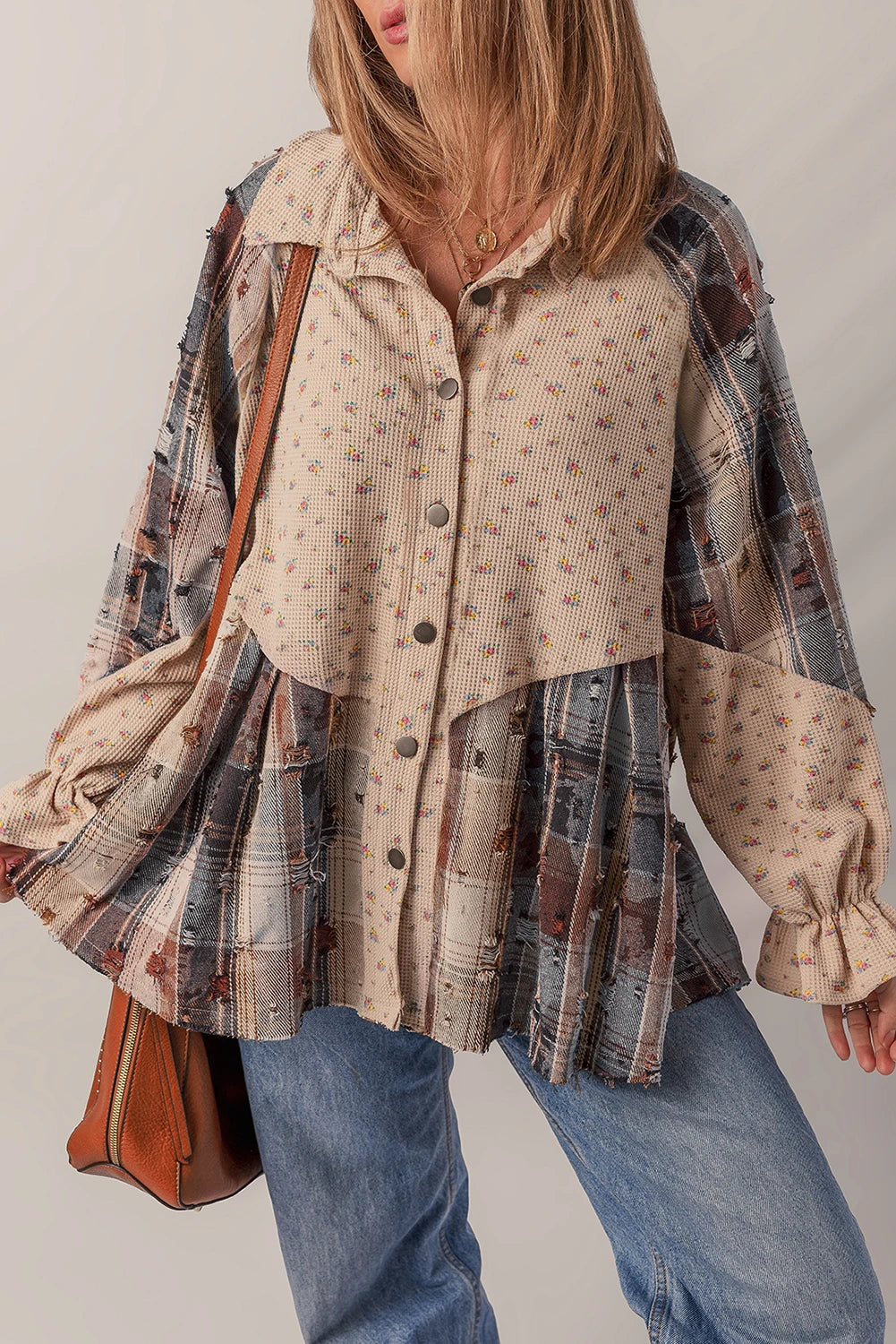 Patchwork Distressed Detail Ruffled Sleeve Waffle Knit Shacket