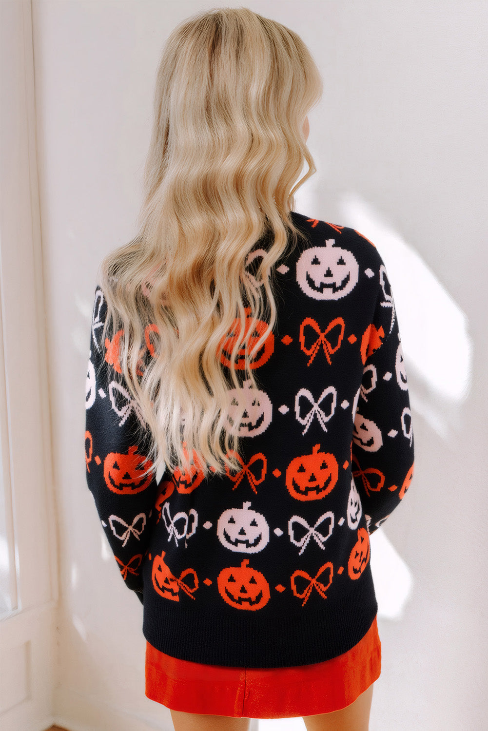 Halloween Pumpkin Bow Knit Button V Neck Sweater Cardigan